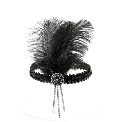 China Feather 1920s Flapper Headband Howling Stage Girl 20s Sequined Headpiece Great Gatsby Christmas Headband With Black Feather for sale