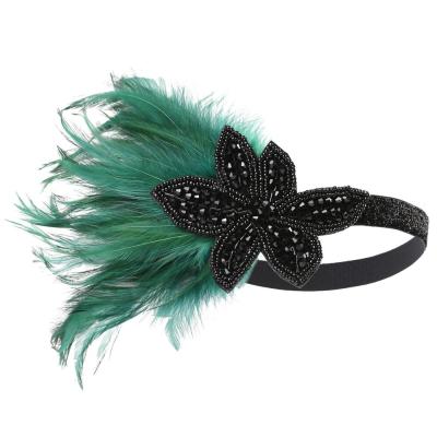 China Feather 1920s Flapper Headband Screaming Leaf Green Feather Black Inspired Headband Great Gatsby 20s Headpiece for sale