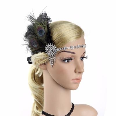 China Feather Wholesale 1920s Alibaba Flapper Roaring Gatsby Peacock Feather Headpiece With Crystal for sale