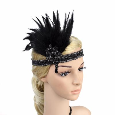 China Feather Fashion Hair Decoration Vintage Black Headpiece 20s 1920s Beaded Flapper Feather Headbands for sale