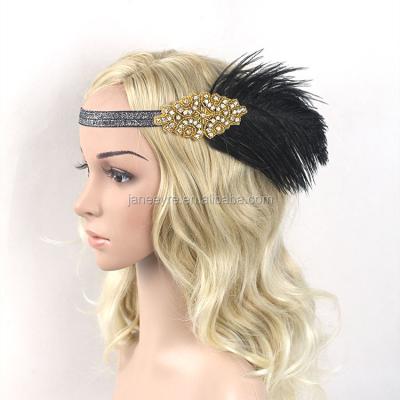 China Fabric black and gold vintage feather headpiece 1920s flapper feather headband fancy hair accessories for women for sale