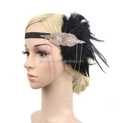 China Feather Great Gatsby 1920s Gold Feather Headband Black Flapper Vintage Helmet 44 for sale