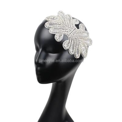 China Great-Gatsby-1920s-Sparkly-Silver Feather Festival Diamante Crystal Elastic Hair Headband for sale