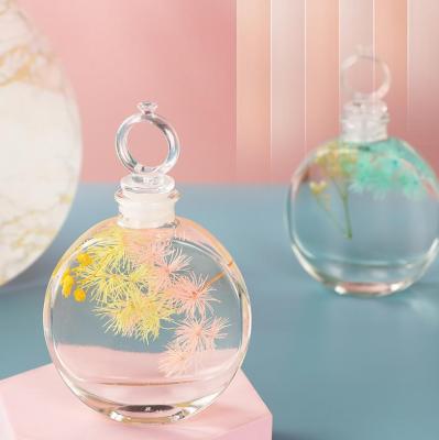 China Household Cosmetic High Quality Aromatherapy Products Transparent Flat Round Reed Diffuser Aroma Bottle for sale