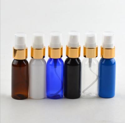 China Household Products 30ml PET Round Shape Plastic Color Black Blue Transparent Gold And Silver Mist Spray Bottle for sale