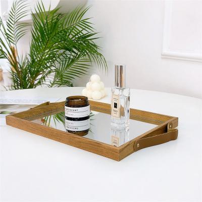 China USA China Wooden Cosmetic Jewelry Stand PU Handle Glass Open Mirror Tray Home Decor Display Glass Serving Tray for sale