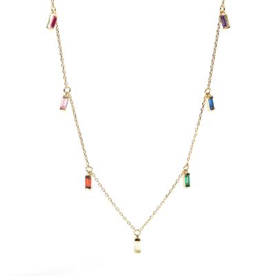 China Lead Free Rectangle Nickel Free Stone Charms Rainbow Necklace Gold Plated Sterling Silver Chain Rainbow Zirconia Charm Necklace Tarnish Free Jewelry for sale