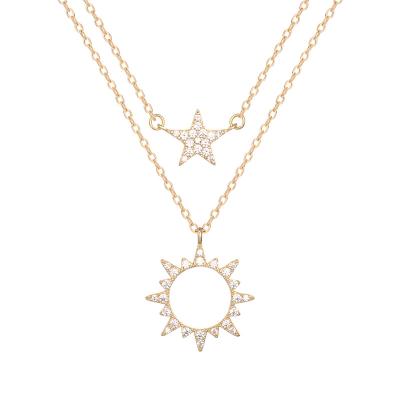 China Newest Amazon Porcelain Lead Free Nickel Free Hot Gold Plated Double Layered Star Moon Necklace 925 Sterling Silver Jewelry Wholesale For Women for sale