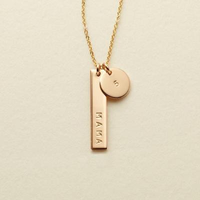 China TRENDY Stainless Steel Jewelry Daughter and Mother 18K Gold Engraved Vertical Bar Initial Heart Necklace Mom Dangle for sale