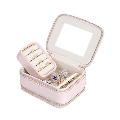 China Wholesale Custom Jewelry Box Two Zipper Travel Velvet Jewelry Storage Boxes Ring Earring Necklace Case Small Leather Jewelry Organizer for sale