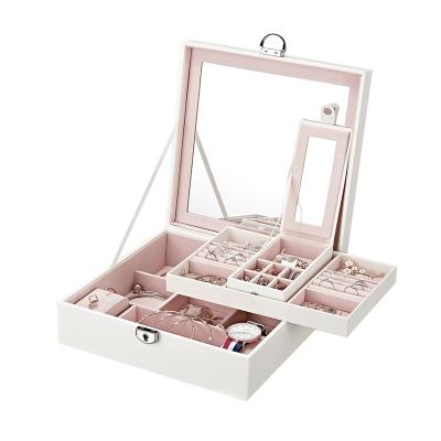 China Luxury Leather Jewelry Box Women Necklace Ring Earrings Mirror Jewelry Case Organizer PU Jewelry Box Custom Logo Jewelry Package Large for sale