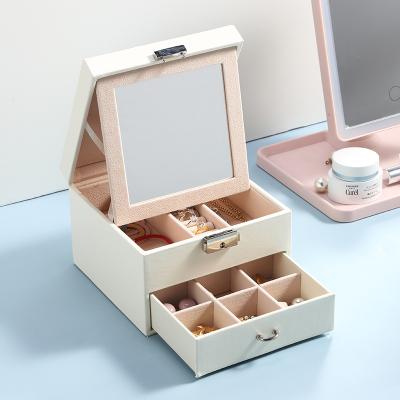 China Wholesale Custom Logo Jewelry Package Jewelry Box Organizer Drawer With Mirror Women Leather Earring Ring Jewelery Storage Case for sale