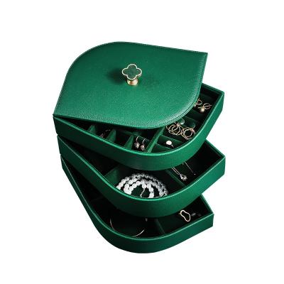 China Luxury Custom Leather Ring Earring Jewelery Storage Box PU Necklace Tray 3Layer Logo Green Jewelery Package 2021 Large Jewelry Organizer for sale