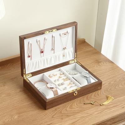 China Luxury Custom Logo Wood Jewelry Box Organizer Jewelry Package With Key Lock Velvet Wooden Ring Watch Jewelry Storage Case Earring Necklace for sale