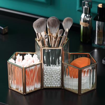 China Fashion wholesale cosmetic storage box luxury gold small desktop lipstick jewelry storage makeup brush glass organizer for sale