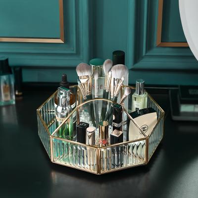 China Fashion Wholesale Glass Makeup Storage Box Organizer Luxury Rotating Jewelry Brush Pencil Lipstick Cosmetic Holder Make Up Tool Case for sale