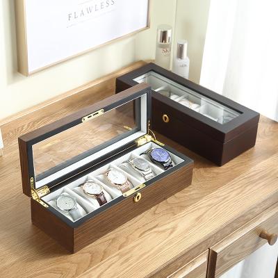 China Luxury 5 Slots Watch Display Box Organizer Handmade Wooden Lock Wooden Watch Gift Storage Box Case Packaging for sale