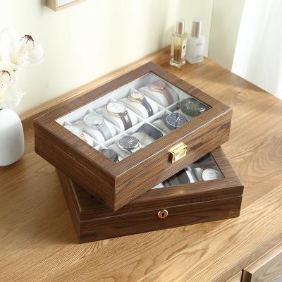 China Wholesale 10 Slots Handmade Luxury Wooden Watch Box Mens Wooden Watch Storage Gift Packaging Boxes Cases With Pillow Glass Top for sale