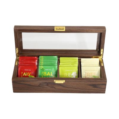 China 4 Compartment Tea Bag Box Organizer Luxury Wooden Storage Box Holder with Clear Lid for Sugar Coffee Pods Gift Chest Box for sale