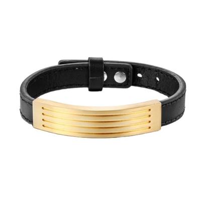 China New Trend CLASSIC High Quality 18K Gold Stainless Steel Genuine Leather Adjustable Black Leather Strap With Snap Clasp for sale