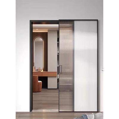 China Slim Decoration Frame Kitchen Sliding French Doors Track Ghost Door Design Tempered Glass Hidden Aluminum Interior Sliding Door for sale