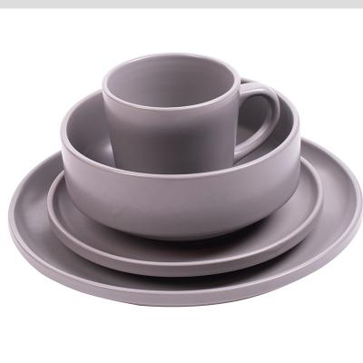 China Solid Color Ceramic Gray Ceramic Set of Dishes 16pcs One Carton Four Sets Contemporary Luxury Unbreakable Bulk Stoneware Porcelain Style Dinnerware Sets for sale