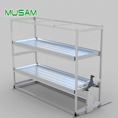 China Mobile Hydroponic Multi Level Water Collection Vertical Ebb And Flow Rolling Benches Rack System For Medicinal Plants for sale