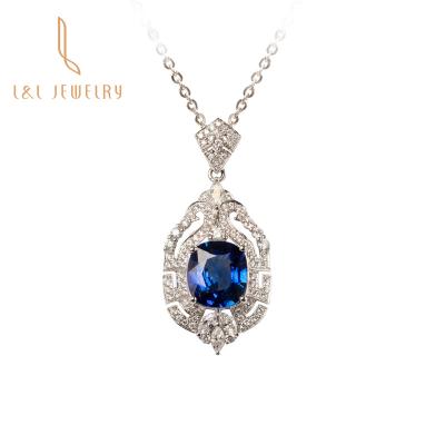 China Custom Jewelry Fantastic Royal Blue Sapphire Diamonds 18k White Gold Natural Necklace With Chain for sale