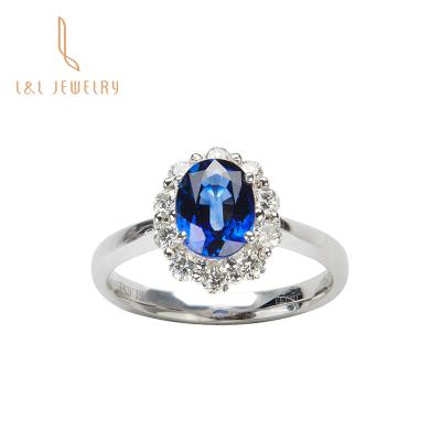 China Royal Blue Sapphire Ring Jewelry 18K Solid Gold CLASSIC High Quality Luxury White Oval With Real Diamond Around Gift For Remembrance Day for sale