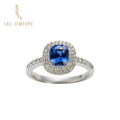 China CLASSIC High Quality Luxury White Cushion Jewelry 18K Solid Gold Natural Sapphire Ring With Real Diamond Women Gift For Memorial Day for sale