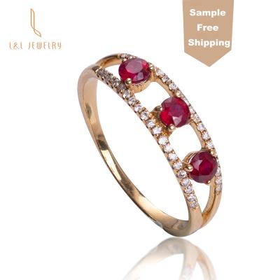 China Fancy SAMPLE SHIPPING 18K Solid Gold Natural Ruby Ring Triple Rubies Elegance Ring FREE For Women Jewelry Wholesale Mozambique Ruby for sale