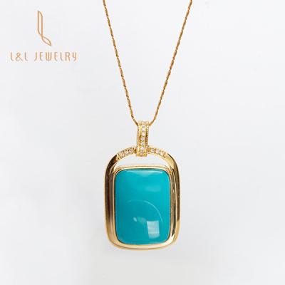 China New Vintage Classis Design Cushion Vivid Nature Blue Turquoise With 18K Gold Real Diamond Necklace Chain Pendant Jewelry for sale