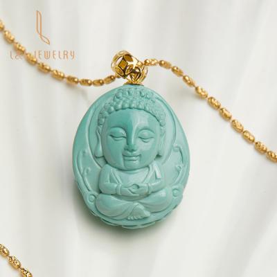 China New Style Vintage Original Design 18K Gold Turquoise Necklace Buddha and Lotus Nature Double Sides Fancy Blue Hand Grinding Jewelry for sale