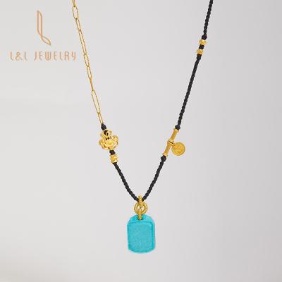 China Vintage Style Unique Local Original Designed 24K Handwoven Chain Necklace Originality Blue Nature Turquoise 18K Gold Sky Gold Necklace for sale