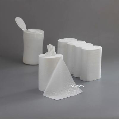 China Good quality plum bloosom embossed center-pulling perforated pp roll cast-blown dry wipe rags in barrel for sale