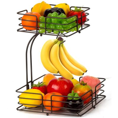 China ORR256 2-Tier Square Countertop Fruit Vegetable Basket Storage In Stocked Bowl With Banana Hanger for sale