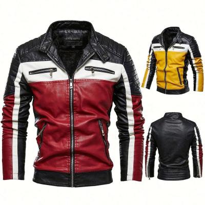 China RTS Breathable Colorblock Plus Velvet Leather Jacket Mens Motorcycle Jacket Plus Size Mens Leather Jacket for sale