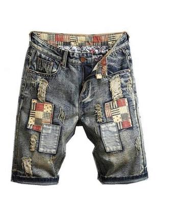 China 2022 Men Breathable Casual Denim Mid Waist Ripped Distressed Jeans Short Hole Cut Short Dark Blue Jeans for sale