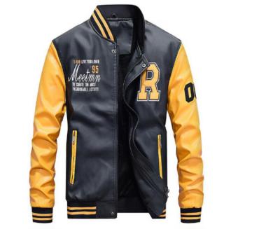 China Durable Tongyang Embroidery Baseball Jackets Men Letter Stand Collar PU Leather Coats Plus Size 4xl Fleece Pilot Leather Jacket for sale