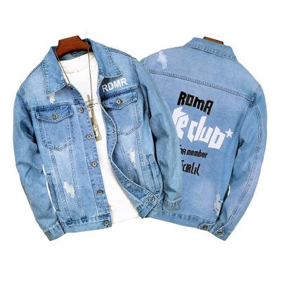 China New breathable denim men's light blue printed denim jacket men European and American perforated denim jacket for sale