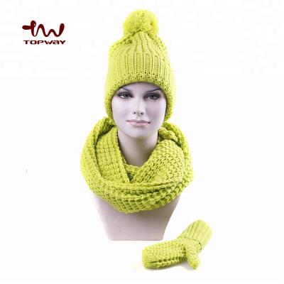 China Wholesale Medium Fashionable 3 Pieces Wool Winter Knitted Crochet Cuff Hat Scarf And Gloves for sale