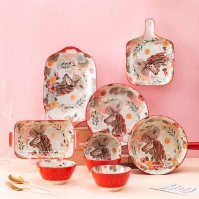 China Modern Design Stocked Ceramic Unicorn Dinner Set Dinnerware Western Dinnerware Set for sale