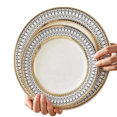 China Stocked European Ceramic Dish Household Dinnerware Gold Rim Restaurant Breakfast Dish Western Steak Dish for sale