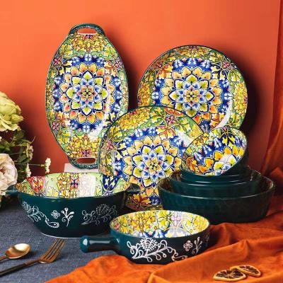 China High Temperature Stored Under Glazed Nordic Oven Ceramic Microwave Single Handle Bohemian Bowl Color Handle Tableware Tableware for sale