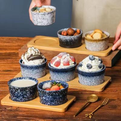 China Stocked Souffle Dish Ramekins Different Designs Ceramic Rolls Round Porcelain Pudding Cup Ice Cream Dessert Baking Dishes for sale