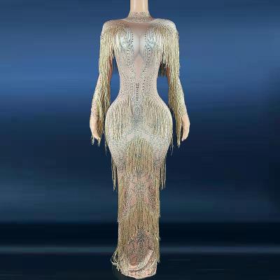 China Dresses Novance Y1510 Prom Dresses 2022 Nude Gold Rhinestone Trim Tassel Wedding Dress Mermaid Clothing For Stage Show Party Celebrity for sale