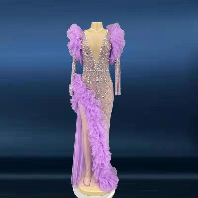 China Breathable Purple Lady's Dresses Birthday Elegant Long Sleeved Women's Evening Dresses Guangzhou Diamond Ruffle Mesh Feast Evening Dress Even for sale