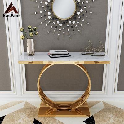 China Customized European Style Apartment Hall Table Polished Marble Console Table Gold Stainless Steel Entry Table In Stock for sale