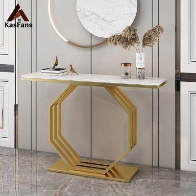 China Customized Fashion In Newest Design Stainless Steel Altar Marble Table Running Table Gold Marble Top Hallway Console Table for sale