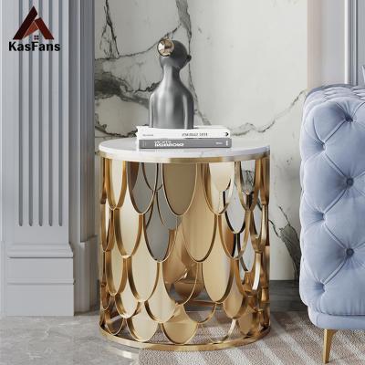 China Factory Outlet Customized White Marble Round Side Tables Stainless Steel Mini Base Tables Deco Handmade Minimalist Coffee Tables Apartment for sale